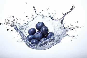 A depiction of juicy blueberry fruit surrounded by a splash of water against a plain white backdrop. Generative AI © Daxton