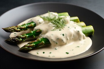 Steamed asparagus with creamy sauce on a plate. Generative AI - obrazy, fototapety, plakaty