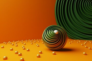 3D green sphere and spiral against orange background. Generative AI