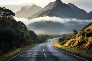 Scenic landscape featuring misty road and distant mountains. Generative AI