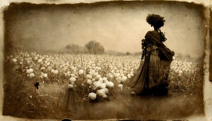 19th century africanamerican woman standing in a field of cotton hyperrealistic antique pinhole camera photo sepia and black 