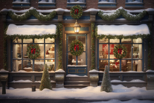 The entrance to a gift shop decorated for Christmas. Winter street in snowfall.