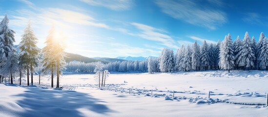 Panoramic view of winter landscape of pine trees with blue sky in morning sunlight - obrazy, fototapety, plakaty