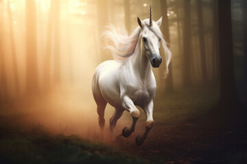 A unicorn runs through an autumn foggy forest at dawn.