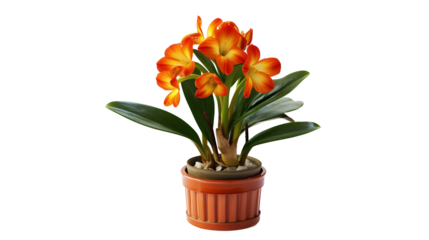 Clivie vermillon en pot (Clivia miniata), plante à fleurs avec transparence sans background