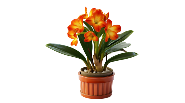 Clivie vermillon en pot (Clivia miniata), plante à fleurs avec transparence sans background