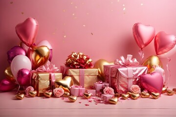 Happy valentines day banner. Pink and gold hearts foil balloons with gifts on Valentines Day background. Generative Ai.