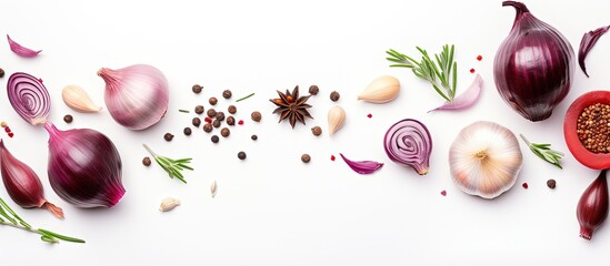 Top view of red onion and spices on white background with copyspace for text - obrazy, fototapety, plakaty
