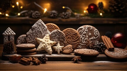 on a wooden background, close-up of ginger chocolate Christmas cookies artfully arranged on a board.
