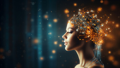 Photo human head with glowing neurons in brain - obrazy, fototapety, plakaty