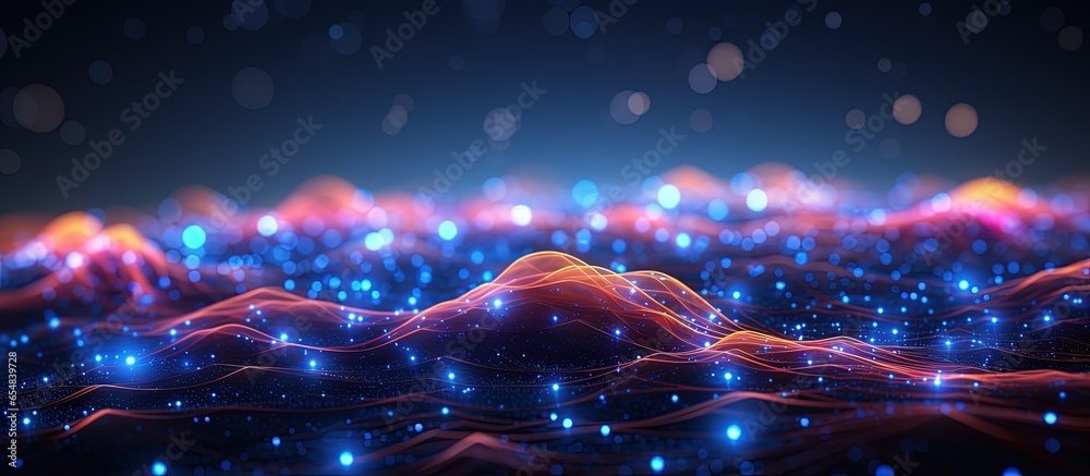 Poster futuristic technology visualizes big data with abstract music background and glowing defocused parti