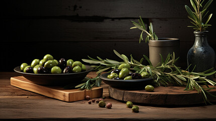 Green and Black Olives on Wooden Background