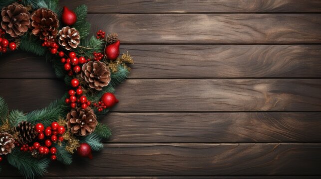 a Christmas wreath, lovingly crafted and displayed against a wooden background.