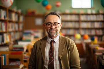 Fototapeta premium Happy school teacher at school lesson in classroom