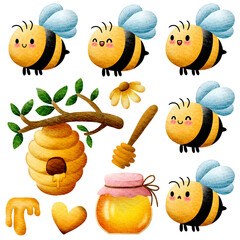 Cute bee mascot set. Cartoon cute bee and honey pot set with paper texture.