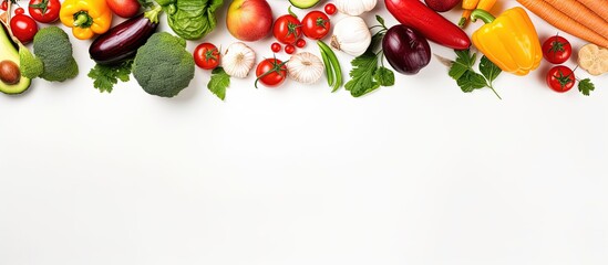 Fruits and vegetables banner isolated on white background Top view creative layout Healthy eating...