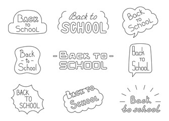 Welcome back to school. Coloring Page. Quote calligraphy typography. Vector drawing. Collection of design elements.