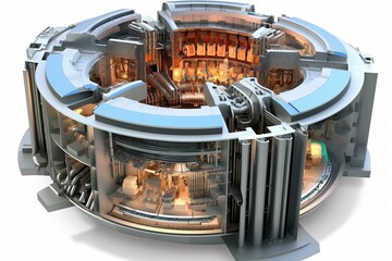 Cutaway rendering of fusion reactor on white background. Generative AI