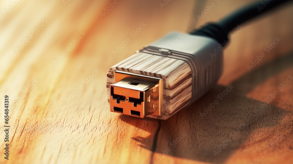 Poster close up macro view of an rj45 network cable connector with a wooden background