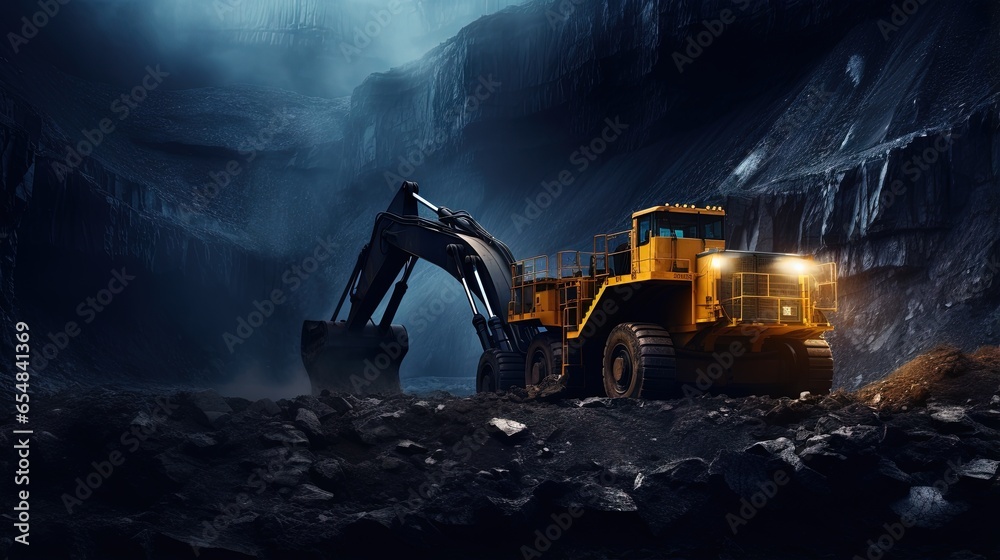 Poster vertical photo of an industrial coal factory collage with machinery working on an open pit mine
