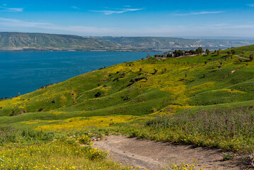 View across the Sea of Galilee of the Golan Heights and the lake in Israel.
