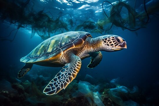 Underwater wildlife amidst plastic waste raising awareness about ocean pollution. Generative AI