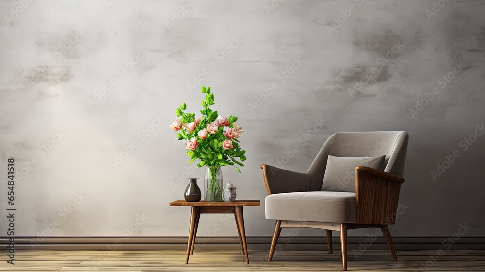 Poster real photo of a gray armchair by a wooden table with flowers in a flat interior with a blank wall fo