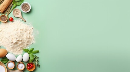 Food ingredients for baking on a green background Flat lay with copy space - obrazy, fototapety, plakaty