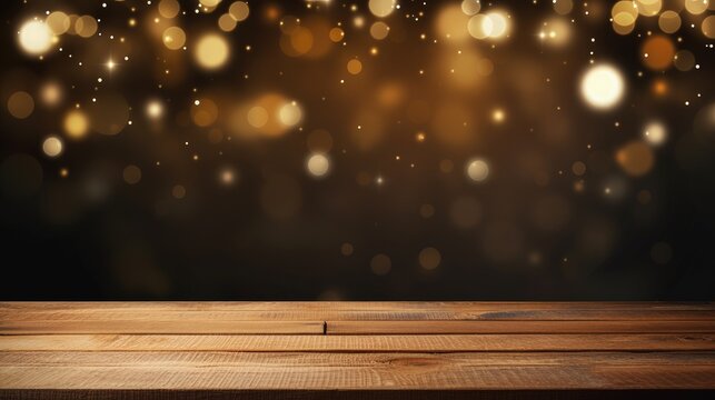 Festive dark background with golden light and empty table for Christmas decor