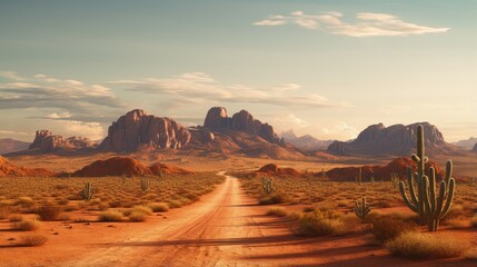 3D desert road with cactus and mountains on a brown background - obrazy, fototapety, plakaty