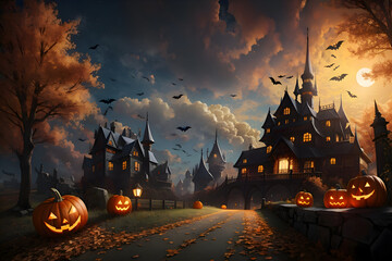 Halloween in autumn background  with Castle and pumpkins