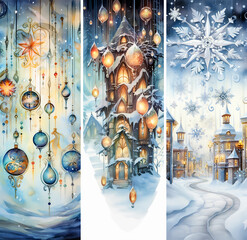 Set of Christmas and New Year vertical banners with winter landscapes, ornate balls and snowflakes. Generative AI