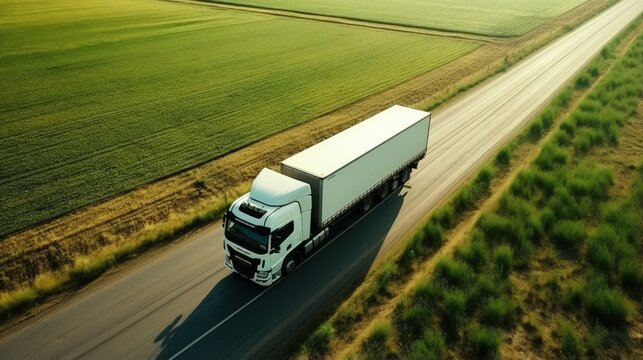 Aerial view of a white truck on an asphalt road surrounded by green fields Drone photography showcasing cargo delivery and transportation