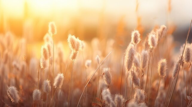 Fototapeta Golden evening light illuminates a grassy field of flowers creating an inspiring autumnal aesthetic