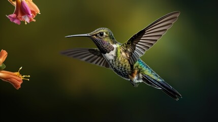 Naklejka premium Bird in garden a Black throated Mango hummingbird in flight with tail spread amidst smooth background