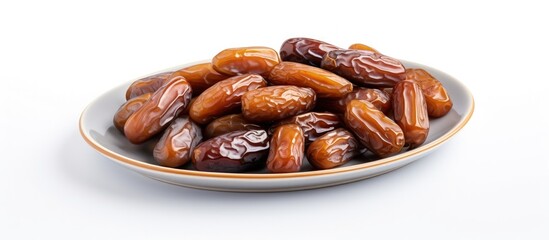 Dried dates plate for Ramadan on white background with copyspace for text