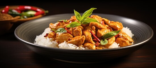 Thai red curry chicken with stream rice panang on a green plate with a grey background with copyspace for text - obrazy, fototapety, plakaty