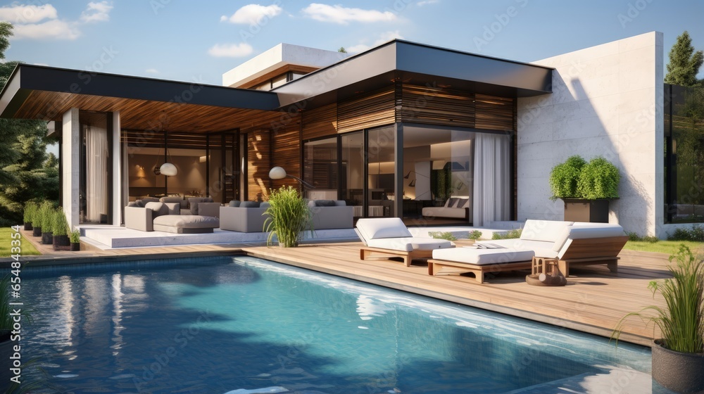 Poster 3d rendering of a luxurious contemporary backyard with a pool