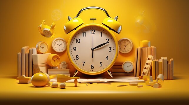Illustration of a yellow clock with a light bulb representing time management for business and education with a calendar file folder email and smartphone
