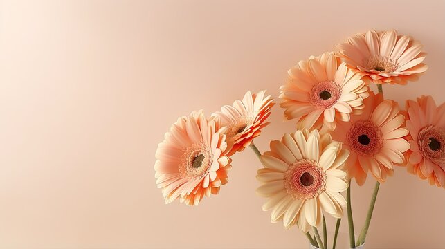 Aesthetic Sunlight Casts Shadows On Coral Gerbera Flowers Atop A Beige Background Creating A Simple And Elegant Floral Arrangement