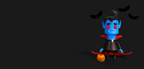 Happy Halloween. Handsome vampire cartoon character with pumpkin on a black background.