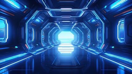 Blue 3D rendered corridor in a futuristic spaceship s sci fi space interior