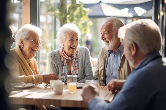 group of senior old people joking and talking in a restaurant or cafe