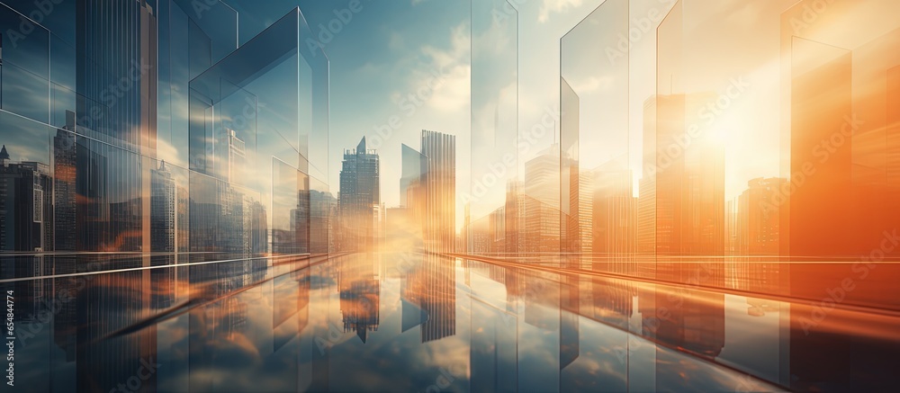Wall mural sunlit abstract skyscraper view with copyspace for text