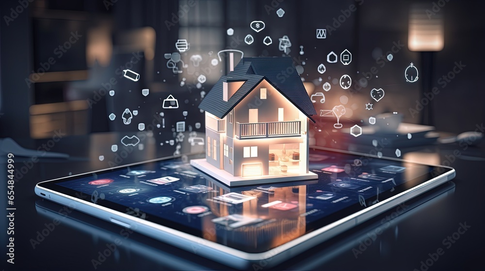 Poster smart home automation system with wireless connections and electronic icons on a tablet screen contr