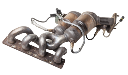 Automotive catalyst removed from a vehicle for repair with a ceramic coating inside as part of an exhaust system to remove harmful emissions in a car repair shop