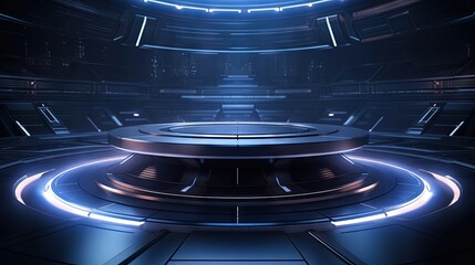 3D Render of futuristic technology innovation backdrop with empty stage and power podium