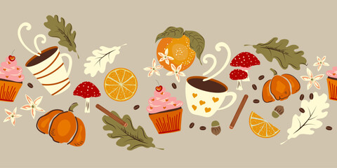 Autumn food seamless pattern with, leaves, acorn, cinnamon, coffee, pumpkin, cupcake and  mushrooms. Autumn harvest festival, Halloween, Happy Thanksgiving natural color background design