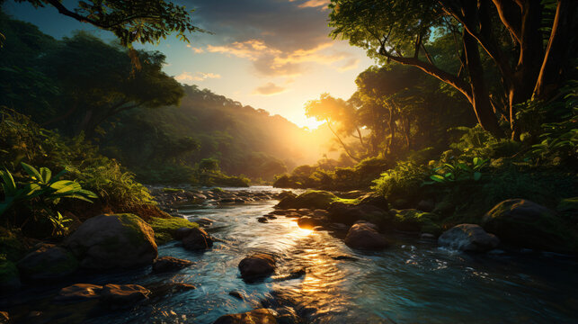 sunset rainforest river landscape