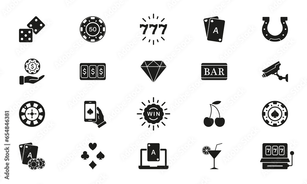 Wall mural play gambling game black silhouette sign. casino and poker solid icon set. bet lottery, jackpot 777 